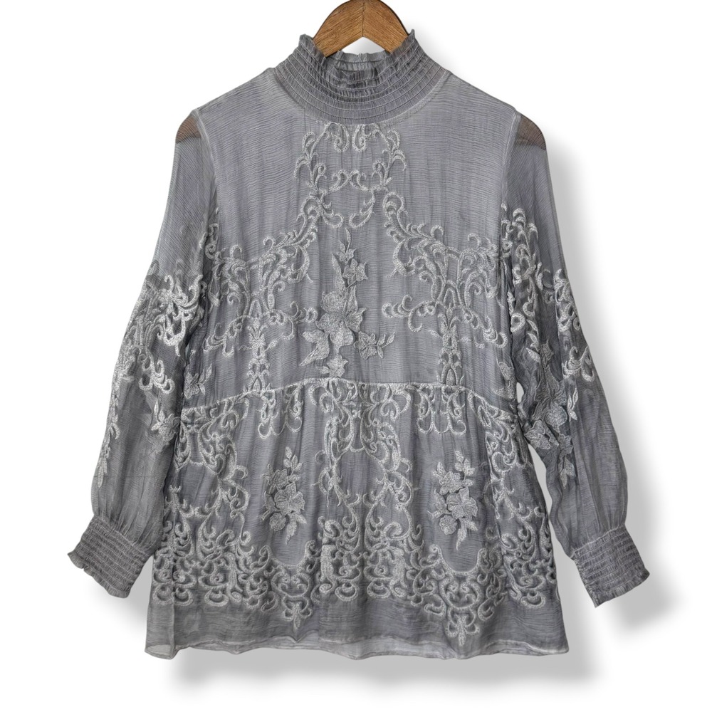 Soft Surroundings Beaux Arts 100% Silk Embroidered Blouse PXS Grey Smocked Neck